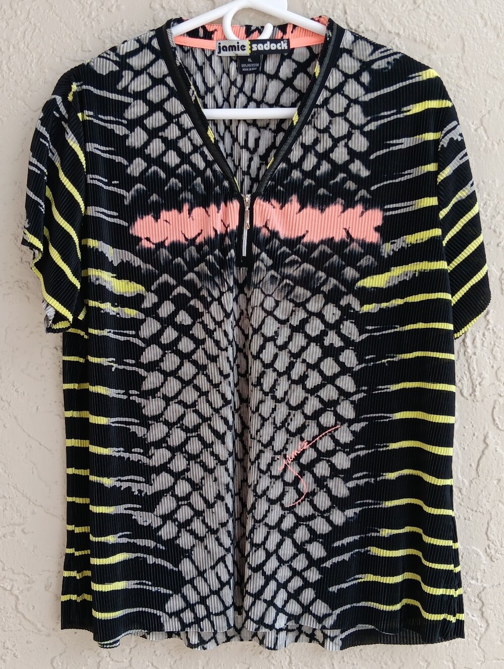 Jamie Sadock Black Abstrack Snake Pattern Women's Shirt Size XL Zip Short Sleeve